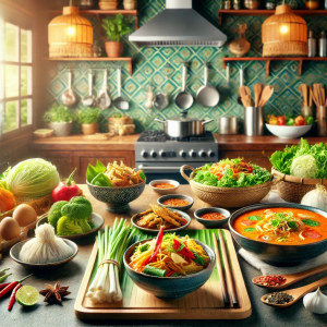 DALL·E 2024-08-31 18.28.42 - A vibrant kitchen scene featuring a variety of traditional Thai dishes, including Pad Thai, Tom Yam soup, and green curry, all arranged beautifully on